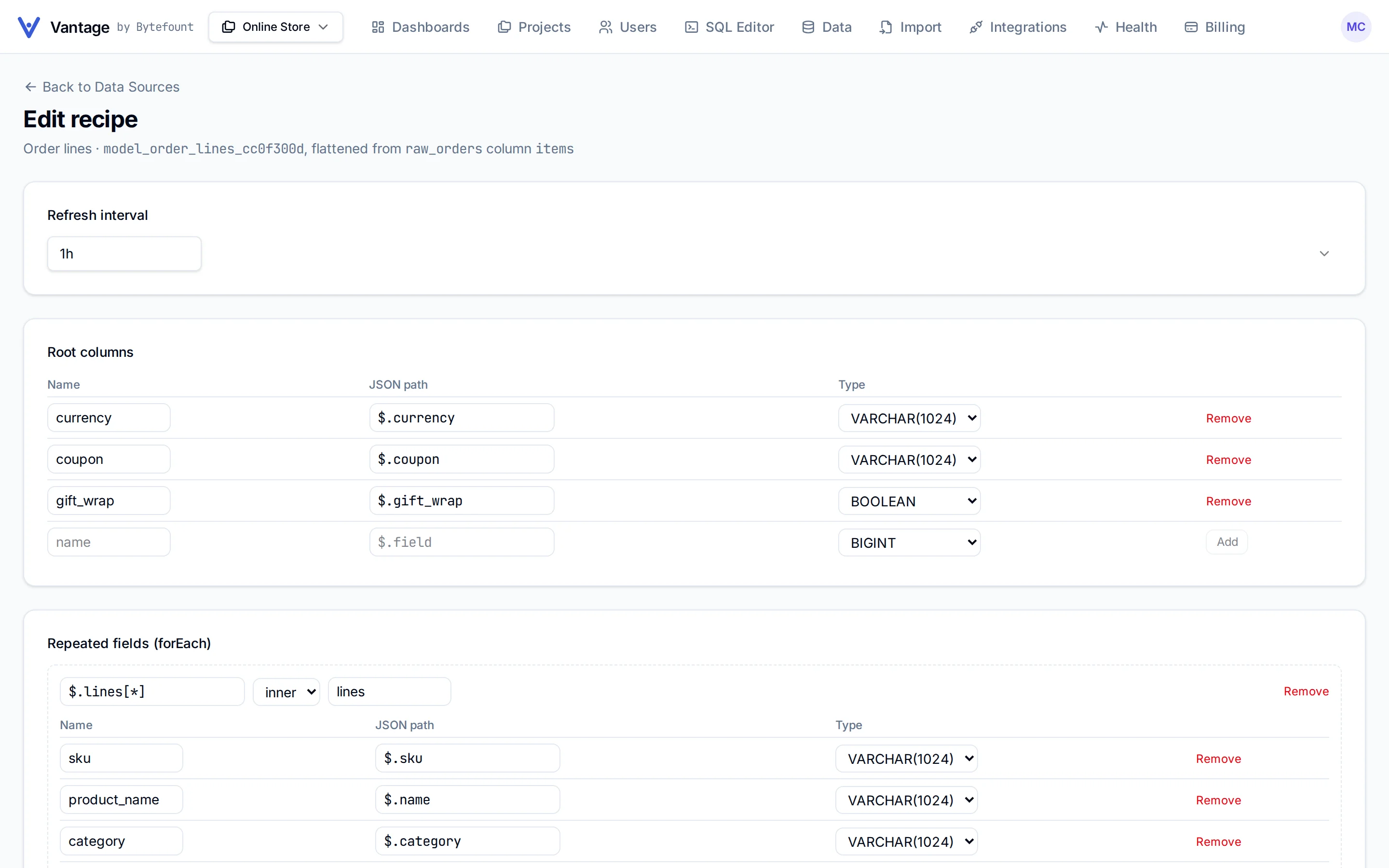 Vantage recipe editor flattening raw orders into an order-lines dataset with typed columns